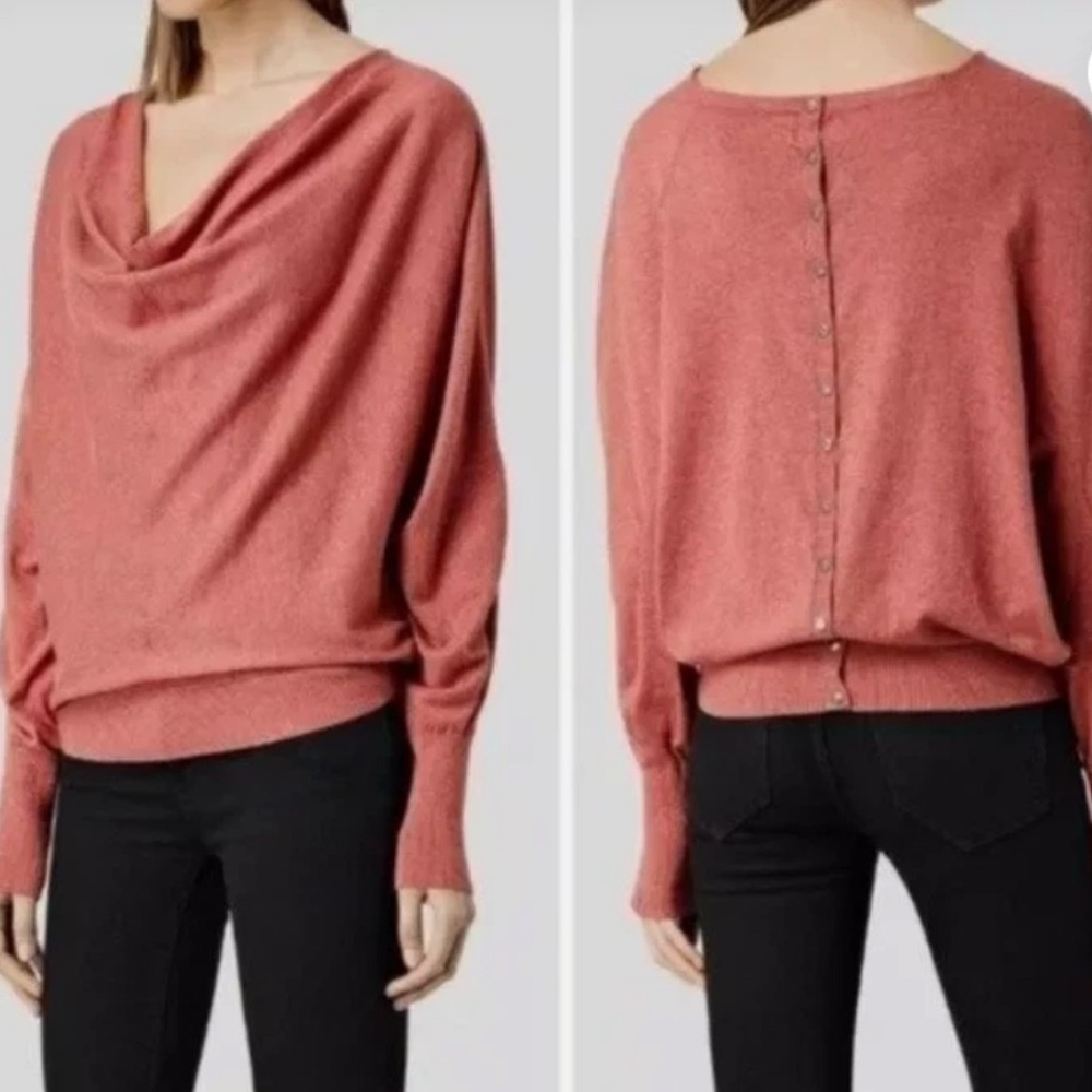 All Saints 2 red Elgar Cowl Neck Snap Back Dolman Sleeve Slouchy Sweater